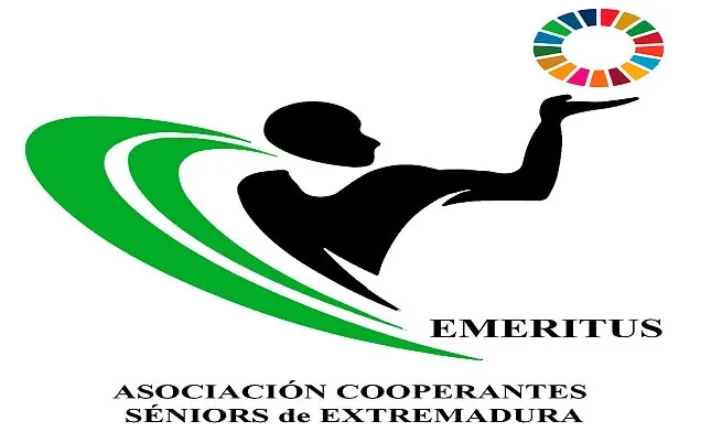 Logotipo de la asociación: silueta que sostiene la rueda de colores de los Objetivos de Desarrollo Sostenible, con el texto «Emeritus. Asociación Cooperantes Séniors de Extremadura»