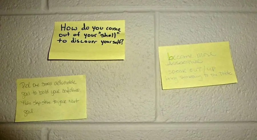 Notas adhesivas con preguntas y propuestas pegadas en una pared durante un taller